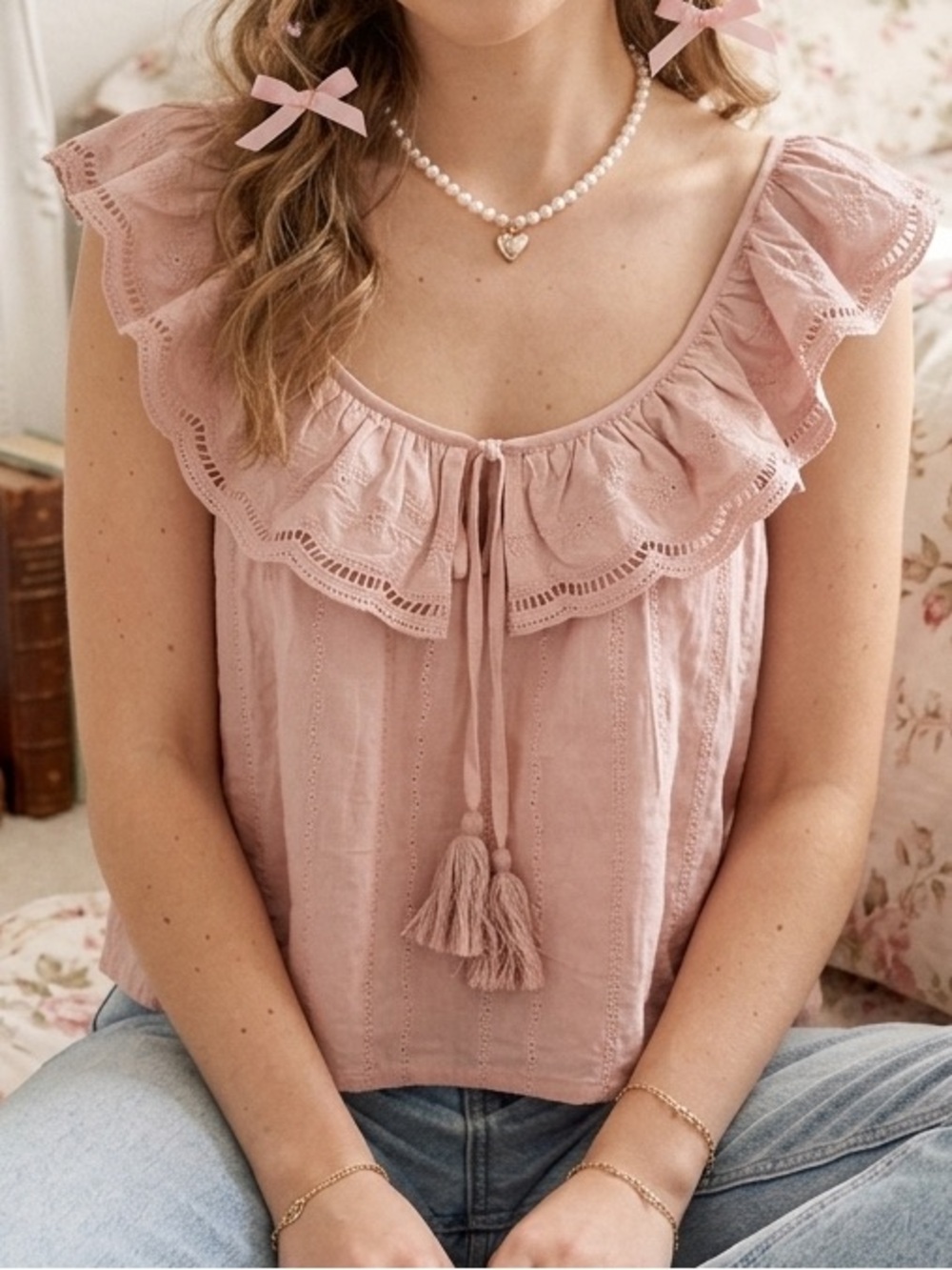 Shabby Chic Pink Eyelet Ruffle Top Boho Cottagecore Tassel Pajama Lounge Blouse